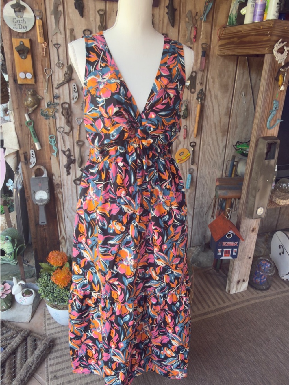 French Connection Black Maxi Dress with Pink & Orange Floral Print
